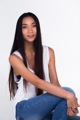 Asian Long straight black hair tan skin white vest