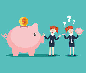 Successful smiling business woman with big piggy bank and sad business woman with small piggy bank. Business woman investing money concept and business woman fail. Competition concept