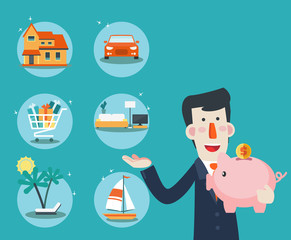 Happy, successful, smiling business man with a piggy bank. 6 icons: house, car, yacht, shopping cart, furniture and holiday vacation. Saving and investing money. Future financial planning concept