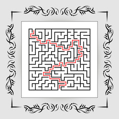 Abstract square maze in vintage frame. Game for kids. Puzzle for children. One entrances, one exit. Labyrinth conundrum. Flat vector illustration isolated on white background. With answer.