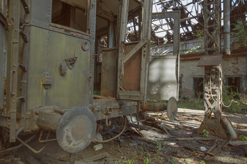 Old damaged train in Abandoned Red Star Train hall