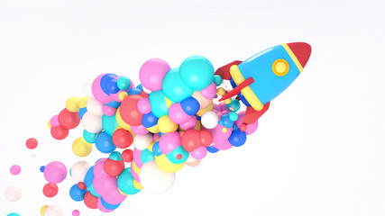 3d rendering picture of cartoon space rocket launch with colorful balls on white background....