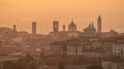 Bergamo. Italy. Drone aerial view of a morning landscape at the old town during fall season