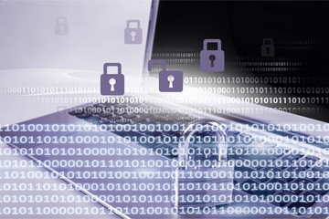 Silver laptop with big lock and icons