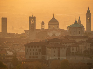 Fototapeta na wymiar Bergamo. Italy. Drone aerial view of a morning landscape at the old town during fall season