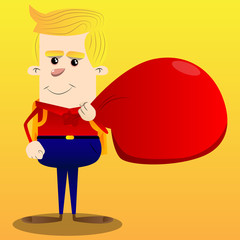 Schoolboy carrying big red Santa's Christmas sack. Vector cartoon character illustration.