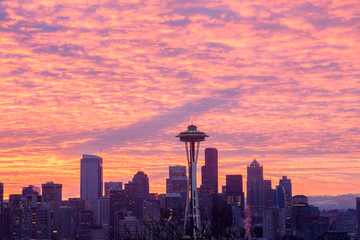 A rare looks at the earth's shadow during a colorful Seattle winter sunrise