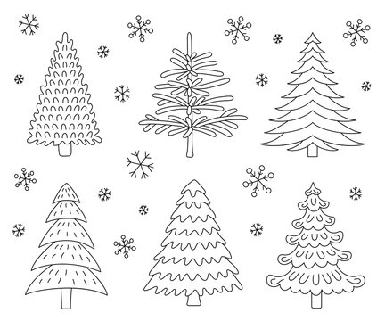 Icons Christmas trees and snowflakes.