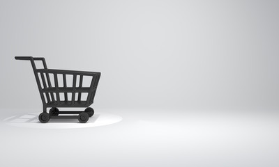 Empty black basket trolley cart in the studio lighting on white background, copy space text, Design creative concept for black friday sale event. 3D rendering illustration.