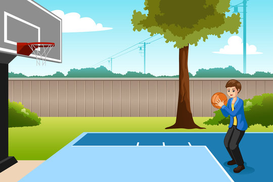 Boy Playing Basketball in Backyard Illustration