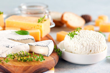Various cheese on a board, cottage cheese and honey