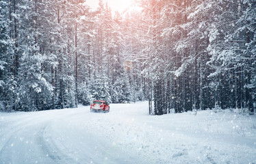 winter panorama on the road through coniferous forest