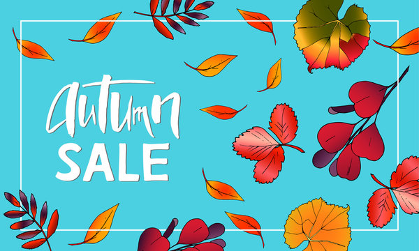 Autumn season banner. Greeting card with inscription Autumn sale and hand drawn watercolor fall leaves. Modern design poster with watercolor colorful imprints foliage of yellow, orange and red color