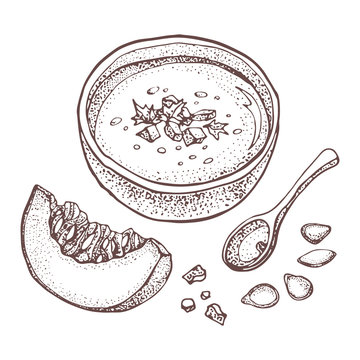 Pumpkin cream soup vector drawing set. Isolated hand drawn bowl of soup, sliced piece of pumpkin and seeds. Vegetable dotty style illustration. Detailed vegetarian food sketch.