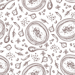 Pumpkin cream soup vector seamless pattern. Isolated hand drawn bowl of soup, spoon, spices, sliced piece of pumpkin and seeds. Vegetable doodle style background. Detailed vegetarian food sketch.