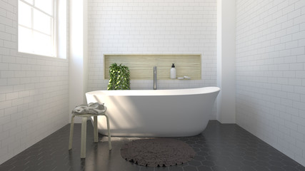 Naklejka na ściany i meble interior bathroom,modern home design 3D rendering,toilet,shower,copy space background white tile bathroom luxury elegant bathroom In a narrow space