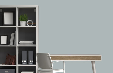 empty Office desk set empty table illustration deck shelves 3d rendering table and chair