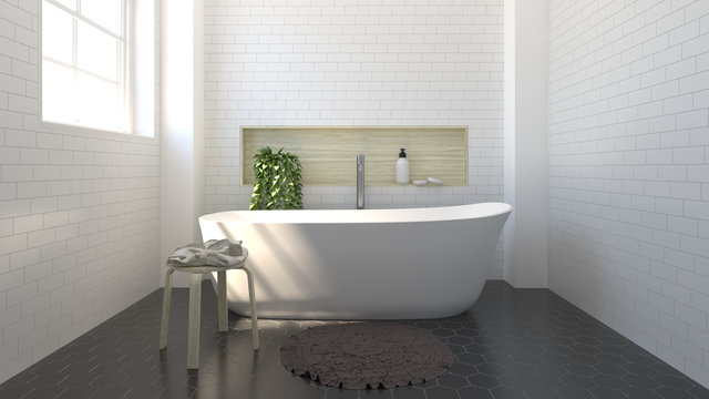interior bathroom,modern home design 3D rendering,toilet,shower,copy space background white tile bathroom luxury elegant bathroom In a narrow space