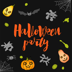 template Happy Halloween and party with ghost, pumpkin, bat, spider, spiderweb. Modern vector inscription and decorative elements on a dark background for banner, card, flyer