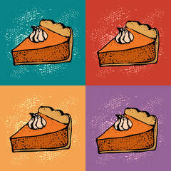Pop art Pumpkin pie with cream background. Hand drawn sketch of the pie piece. Thanksgiving Day vector illustration.  Pattern For identify the restaurant, packaging, menu design