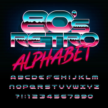 80s retro alphabet font. Uppercase shiny letters and numbers. Stock vector typescript for your design in 80s style.