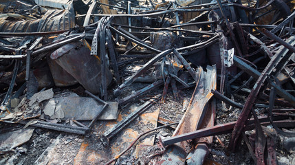 Interior of a factory damaged by fire / Damage caused by fire - Burnt interior