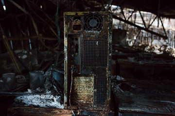 Burned interiors of office decoration after fire in the factory / Damage in Factory After Fire Inferno