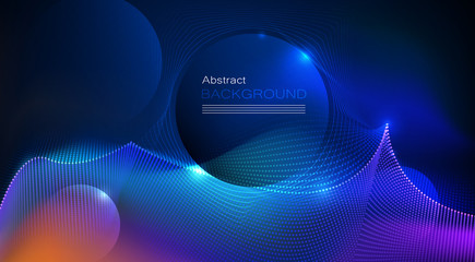 Illustration Abstract glowing, neon light effect, wave line, wavy pattern. Vector design communication techno on blue background. Futuristic digital technology for web or banner background