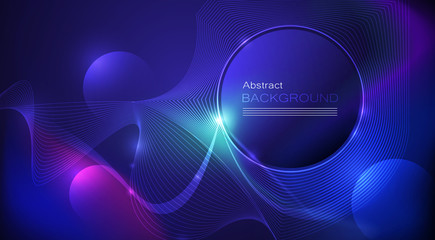 Illustration Abstract glowing, neon light effect, wave line, wavy pattern. Vector design communication techno on blue background. Futuristic digital technology for web or banner background