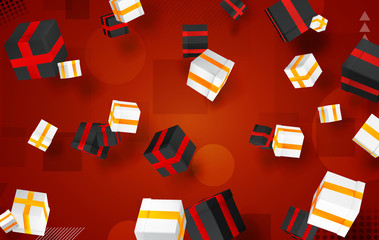 vector set. holiday gifts in boxes fly over bright colorful background. festive mood.