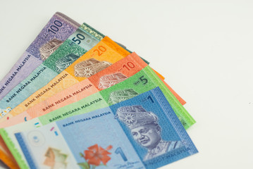 Various type of Malaysia Ringgit money on white background