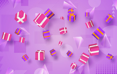 vector set. holiday gifts in boxes fly over bright colorful background. festive mood.