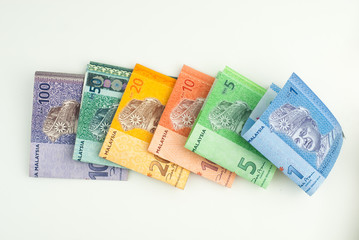 Various type of Malaysia Ringgit money on white background