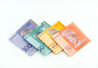 Various type of Malaysia Ringgit money on white background