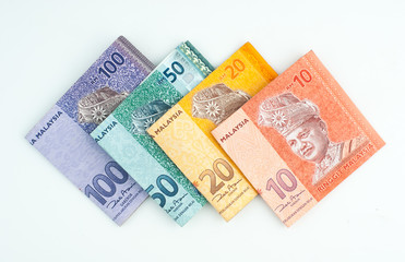 Various type of Malaysia Ringgit money on white background