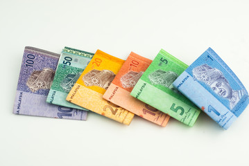 Various type of Malaysia Ringgit money on white background