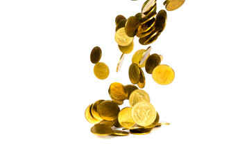 Falling gold coin, flying coin, rain money isolated on white background, business and financial wealth and take profit concept.