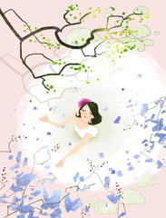 Flowers from tree are falling on bride body