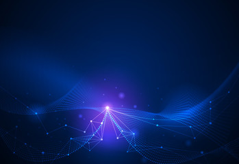 Vector illustration technology on blue background. Abstract internet network connection design for web site. Digital data, global communication, science and futuristic concept