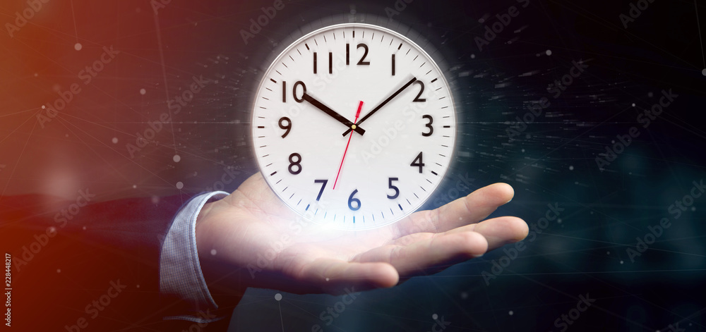 Poster man holding a clock timer 3d rendering