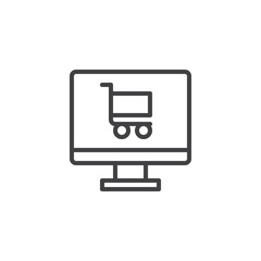 Online shop outline icon. linear style sign for mobile concept and web design. PC monitor and shopping cart simple line vector icon. Symbol, logo illustration. Pixel perfect vector graphics