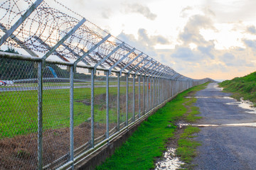 Naklejka premium wire mesh steel with green grass background in Phuket Thailand