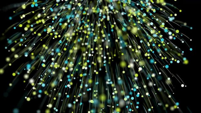 Abstract green and yellow particles flying with lines on black background. Animation footage.