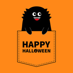 Happy Halloween. Black monster silhouette in the pocket. Holding hands. Cute cartoon scary funny character. Baby collection. T-shirt design. Eyes, fangs. Orange background. Flat design.