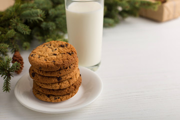 Milk and cookies for Santa Claus under the christmas tree. Concept, copy Space.