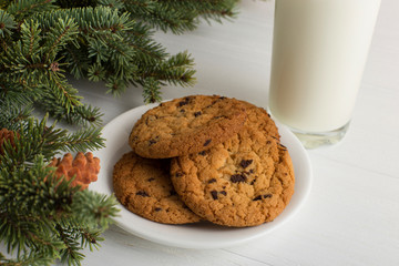 Milk and cookies for Santa Claus under the christmas tree. Concept, copy Space.