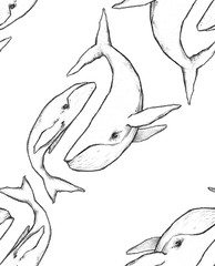 Seamless texture with beautiful hand drawn whale. Repeating pattern. Can be used as wallpaper, desktop, wrapping, fabric or background for your blog, covers, cards.