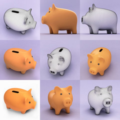 Collage with 9 pigs piggy banks. 3d Polygonal mesh. Isolates.