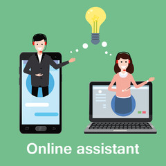 Concept online assistant, customer and operator, call centre, online global technical support 24-7. Vector illustration male and female hotline operator advises client, virtual help service