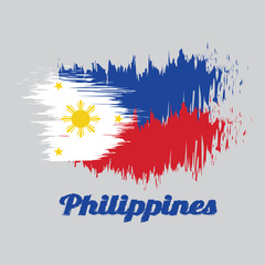 Brush style color flag of Philippines, a horizontal blue and red; white equilateral triangle based at the hoist, gold stars at its vertices, and gold sun at center with text Philippines.